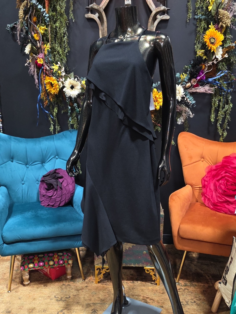 Betsey Johnson Black Midi Dress with Asymmetric Ruffle